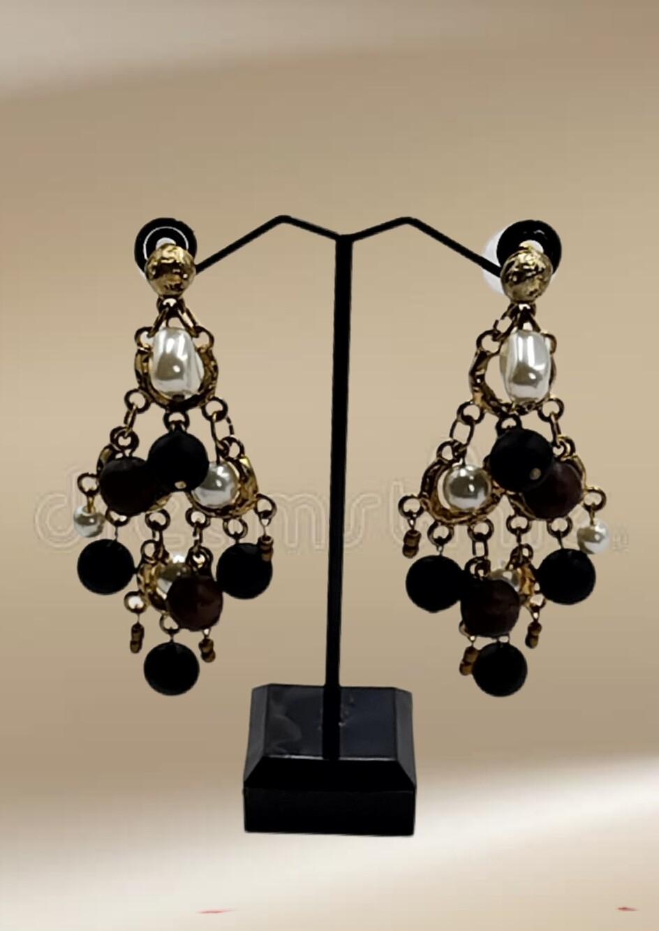 Chico's ~ Chandelier Earrings with Faux Pearls and Black and Brown Beads NWT